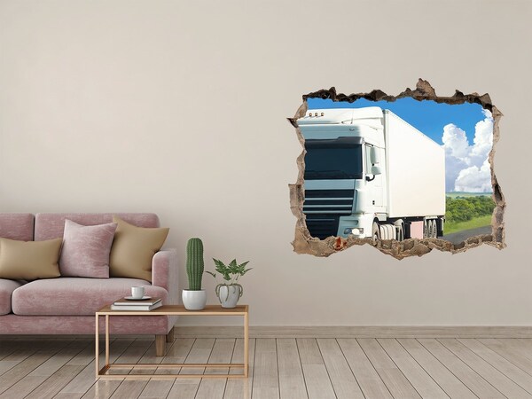 Wandsticker 3D doorkijk Een vrachtwagen rijdt dwars door een gat in de muur.