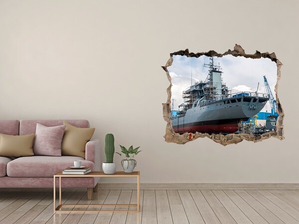 Wandsticker 3D gat met uitzicht Een schip in de scheepswerf