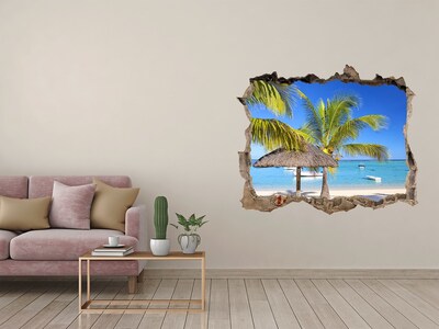 Zelfklevende 3D wandsticker illusie Tropisch strand met palmbomen