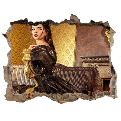 Zelfklevende 3D wandsticker illusie Een vrouw in een elegante jurk in een stijlvol interieur.