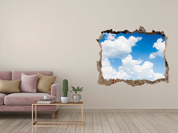 Zelfklevende muursticker 3D gat Een hemel met wolken door een gat in de muur.