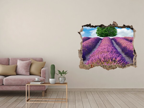 Wandsticker 3D gat met uitzicht Lavendelveld achter de muur