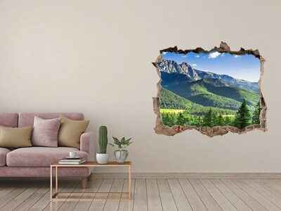 Zelfklevende muursticker 3D gat Berglandschap door een gat in de muur