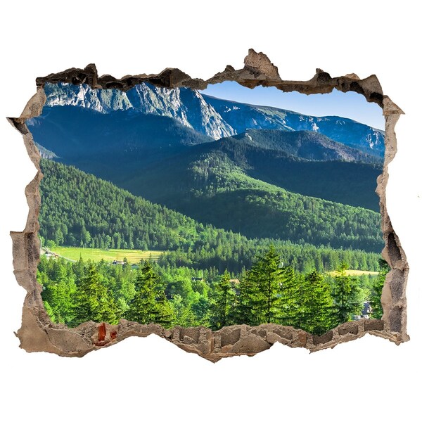 Wandsticker 3D gat met uitzicht Berglandschap door een gat in de muur