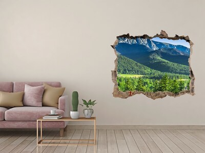 Wandsticker 3D gat met uitzicht Berglandschap door een gat in de muur
