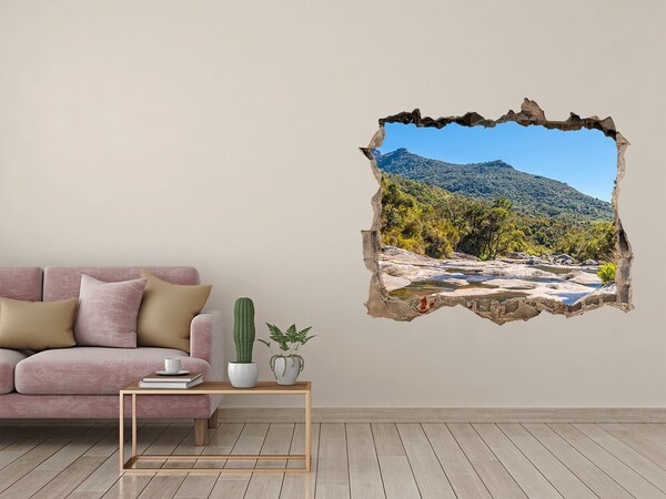 Zelfklevende 3D wandsticker illusie Berglandschap achter het gat in de muur