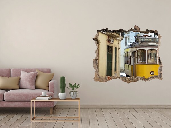 Wandsticker 3D doorkijk Een gele tram in een smalle straat.