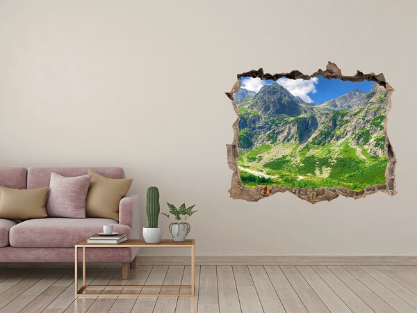 Wandsticker 3D gat met uitzicht Bergpanorama met een meer