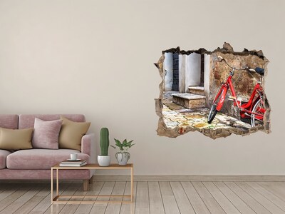 Zelfklevende muursticker 3D gat Een rode fiets in een charmante straat.
