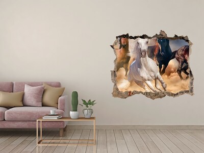 Wandsticker 3D gat met uitzicht Galopperende paarden dwars door de muur