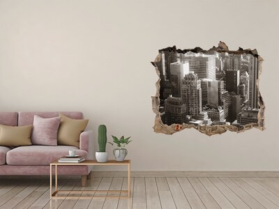 Zelfklevende 3D wandsticker illusie Uitzicht op de stad vanuit een gat in de muur.