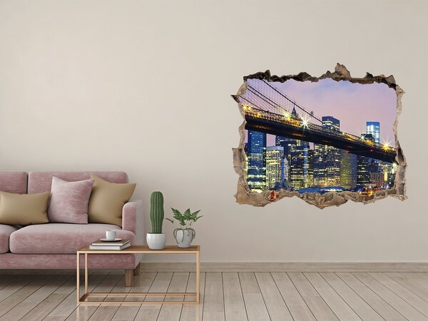 Wandsticker 3D gat met uitzicht Brooklyn Bridge 's nachts