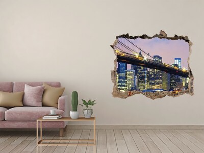 Wandsticker 3D gat met uitzicht Brooklyn Bridge 's nachts