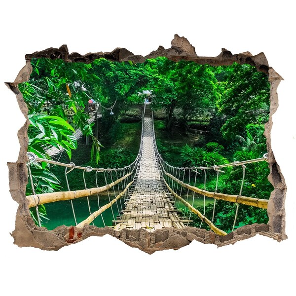 Wandsticker 3D gat met uitzicht Brug in de jungle