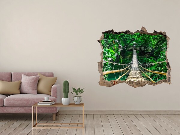Wandsticker 3D gat met uitzicht Brug in de jungle