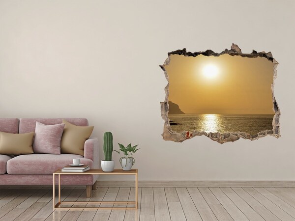 Wandsticker 3D gat met uitzicht Zonsondergang boven de zee