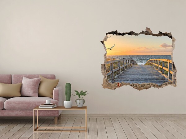 Wandsticker 3D gat met uitzicht Zonsondergang boven de zee