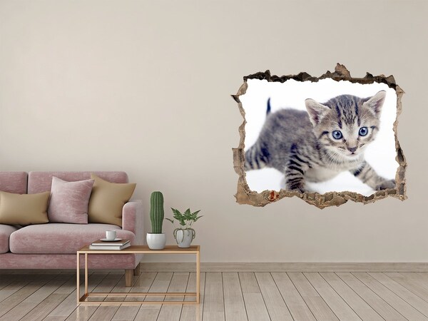 Wandsticker 3D gat met uitzicht Kitten in een gat in de muur