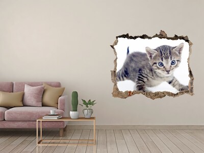 Wandsticker 3D gat met uitzicht Kitten in een gat in de muur