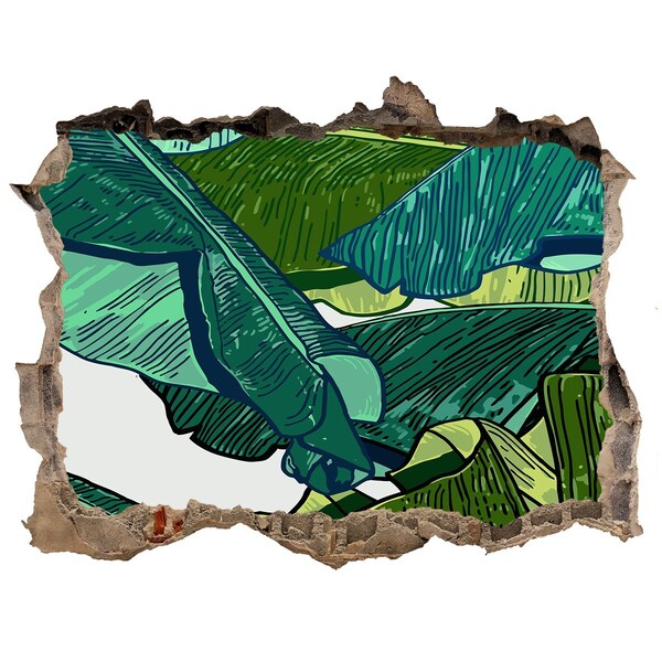 Wandsticker 3D gat met uitzicht Tropische tuin met bananenbladeren