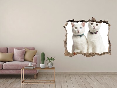 Wandsticker 3D gat met uitzicht Twee witte katten in een gat in de muur