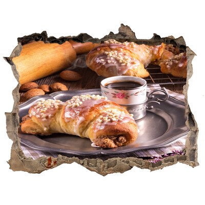 Zelfklevende muursticker 3D gat Heerlijke croissants met koffie