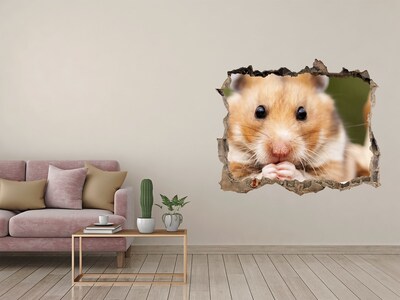 Wandsticker 3D gat met uitzicht Hamster in een transparant gat in de muur
