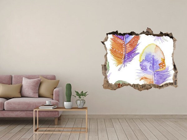 Wandsticker 3D doorkijk Kleurrijke veren op de muurachtergrond