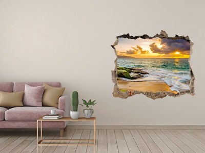 Zelfklevende muursticker 3D gat Zonsondergang boven de zee