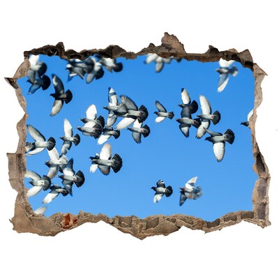 Wandsticker 3D gat met uitzicht Vogels die door een gat in de muur vliegen