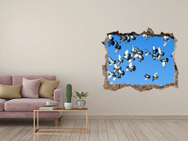 Wandsticker 3D gat met uitzicht Vogels die door een gat in de muur vliegen