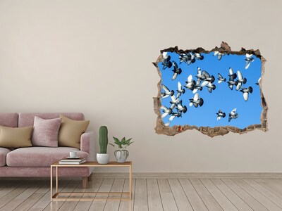 Wandsticker 3D gat met uitzicht Vogels die door een gat in de muur vliegen
