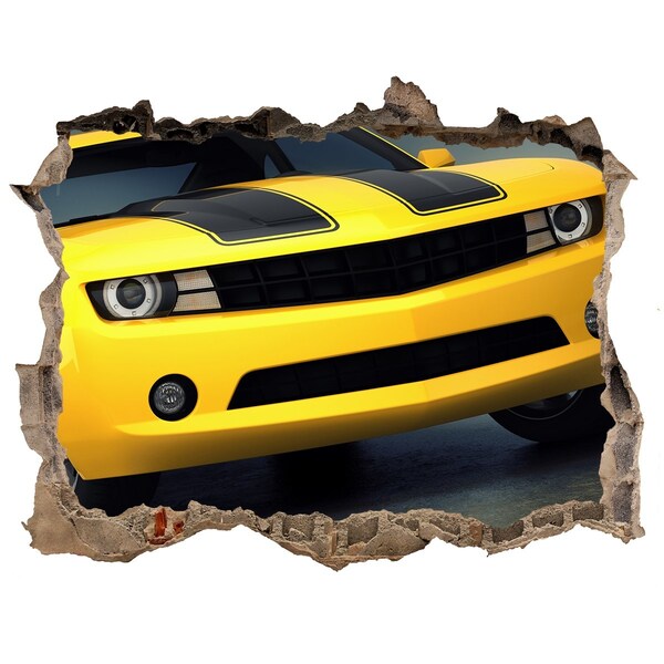Zelfklevende 3D wandsticker illusie Een verwoeste muur met een gele auto.