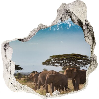 3D muursticker effect gat in de muur Afrikaanse savanne met olifanten