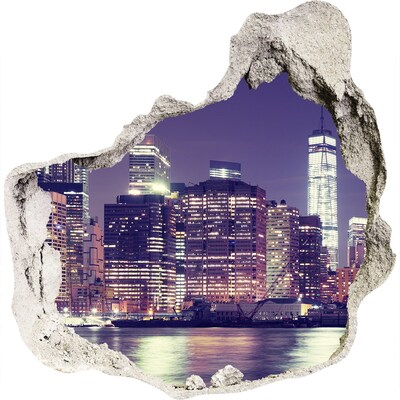 Zelfklevende muursticker 3D gat De skyline van New York 's nachts
