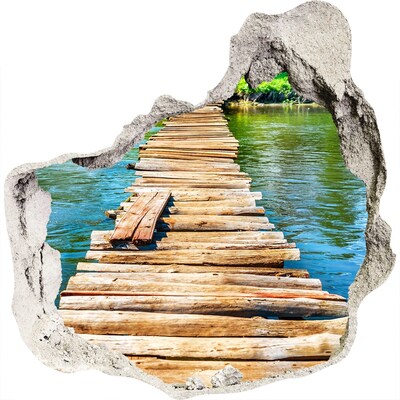 3D muursticker effect gat in de muur Houten brug over het water