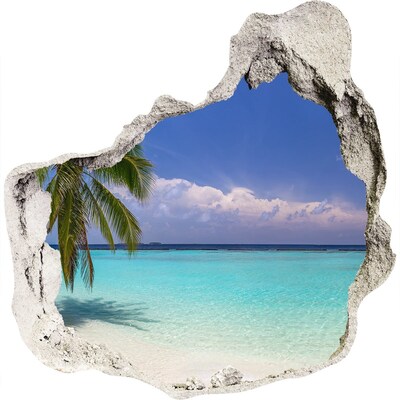 3D muursticker effect gat in de muur Tropisch strand met palmbomen