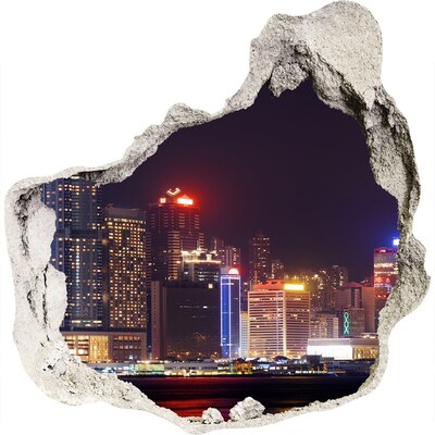 3D muursticker effect gat in de muur Nachtpanorama van de stad