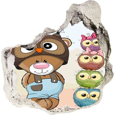 Zelfklevende muursticker 3D gat Schattige teddybeer met uilen