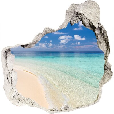3D wandsticker gat in de muur Een paradijselijk strand met turquoise water.
