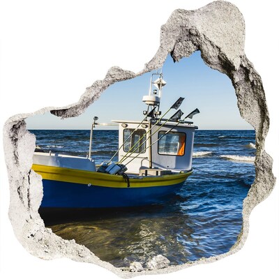 3D muursticker effect gat in de muur Vissersboot op zee
