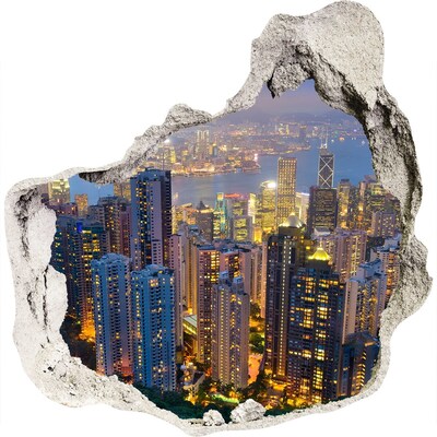 3D muursticker effect gat in de muur Uitzicht op Hongkong 's nachts