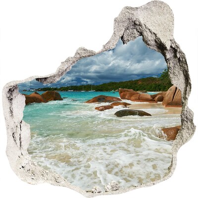 3D wandsticker gat in de muur Een mysterieus strand in het paradijs