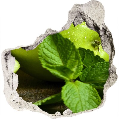 3D muursticker effect gat in de muur Groene appel met munt