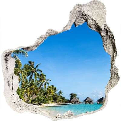 3D muursticker effect gat in de muur Tropisch strand met palmbomen
