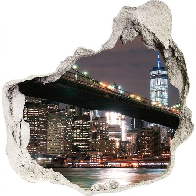 3D muursticker effect gat in de muur Brooklyn Bridge 's nachts
