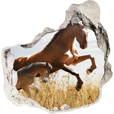 3D muursticker effect gat in de muur Paarden in de wei