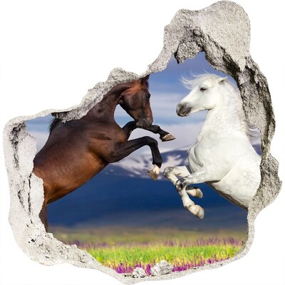 Zelfklevende muursticker 3D gat Paarden die over de muur springen