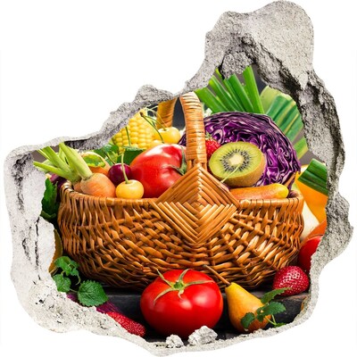 Zelfklevende muursticker 3D gat Een mand vol verse groenten en fruit.
