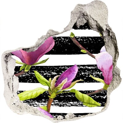 3D muursticker effect gat in de muur Bloemen op een gestreepte achtergrond